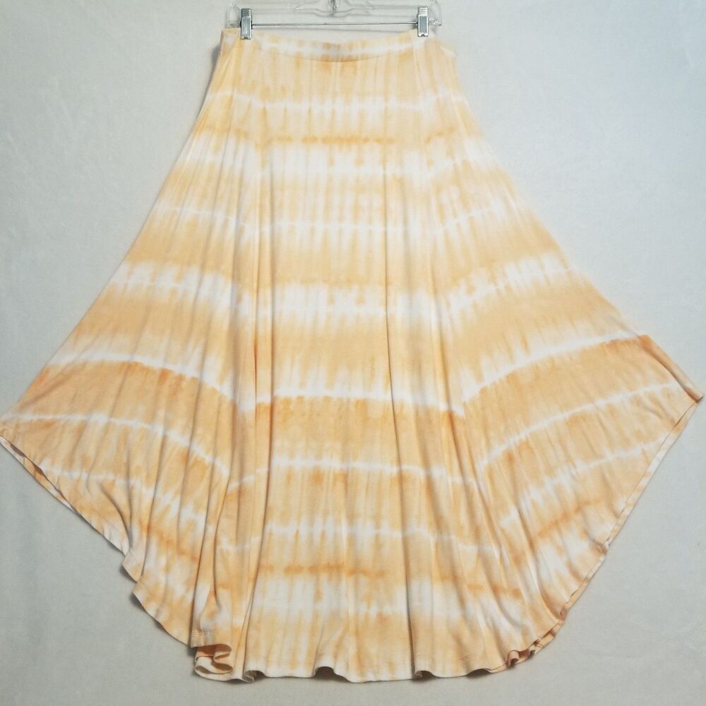 Chicos 2 (L) Skirt Midi Round Hem Peach Tie Dye Jersey  Knit Boho Festival Beach